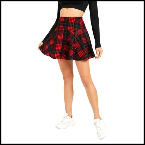 Dresses & Skirts - Stretchy Elastic Waist Plaid Flared Mini Skater Skirt for Fall Winter